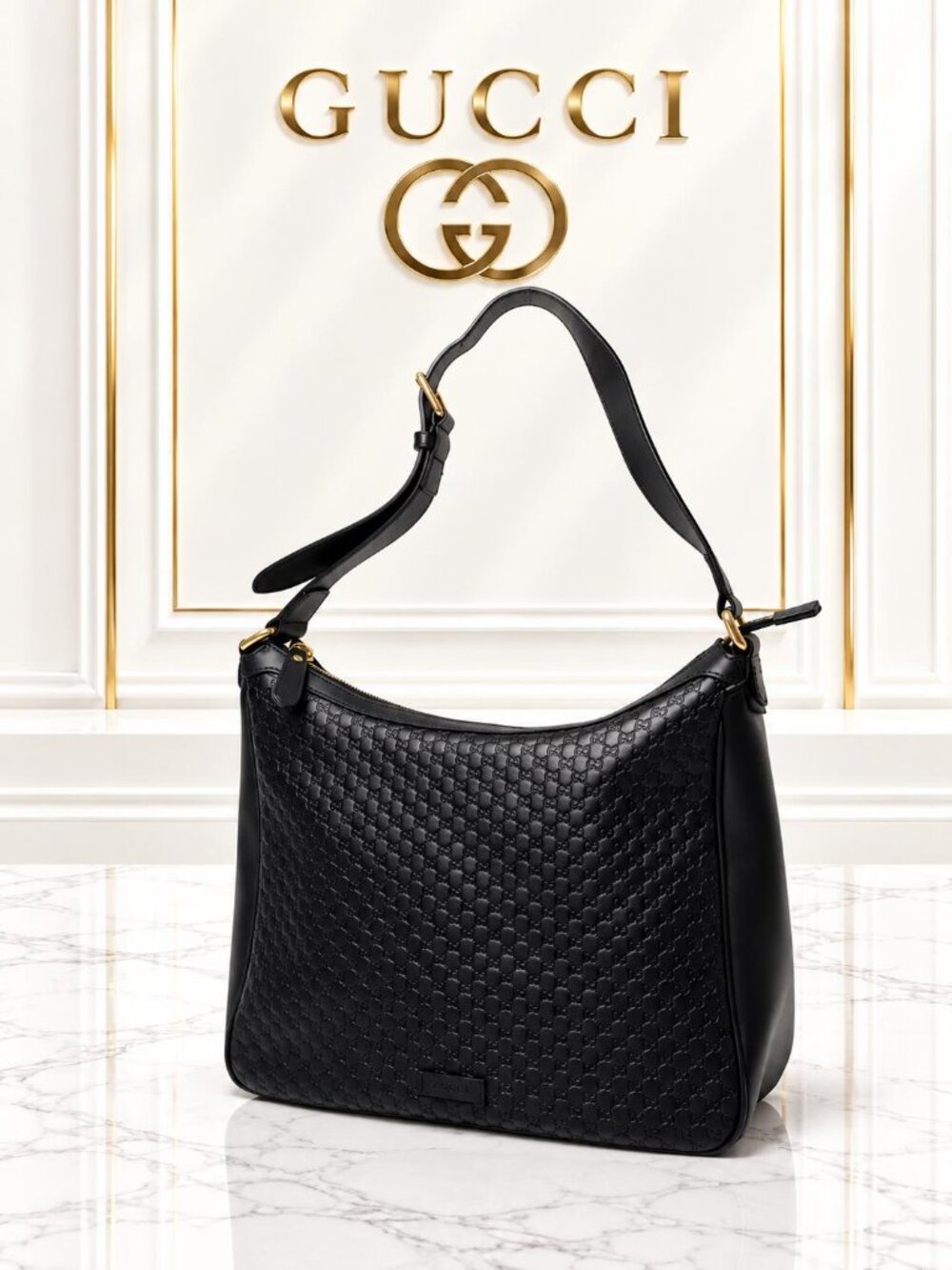 Authentic Gucci Microguccissima Black Leather Hobo Shoulder Bag GG Embossed